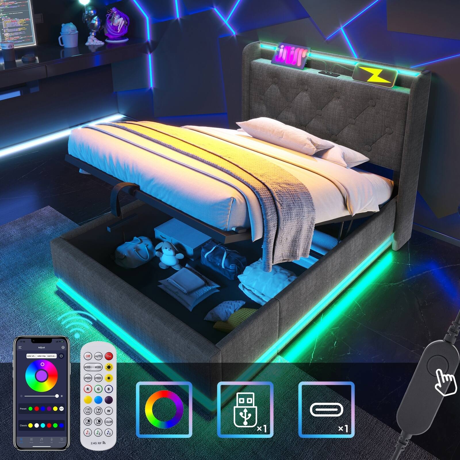 Angle. Spaco - Spaco Twin Storage Bed with Hydraulic Lift, 360 LED Lighting, USB C Charging, Remote Control for Bedroom - Gray.