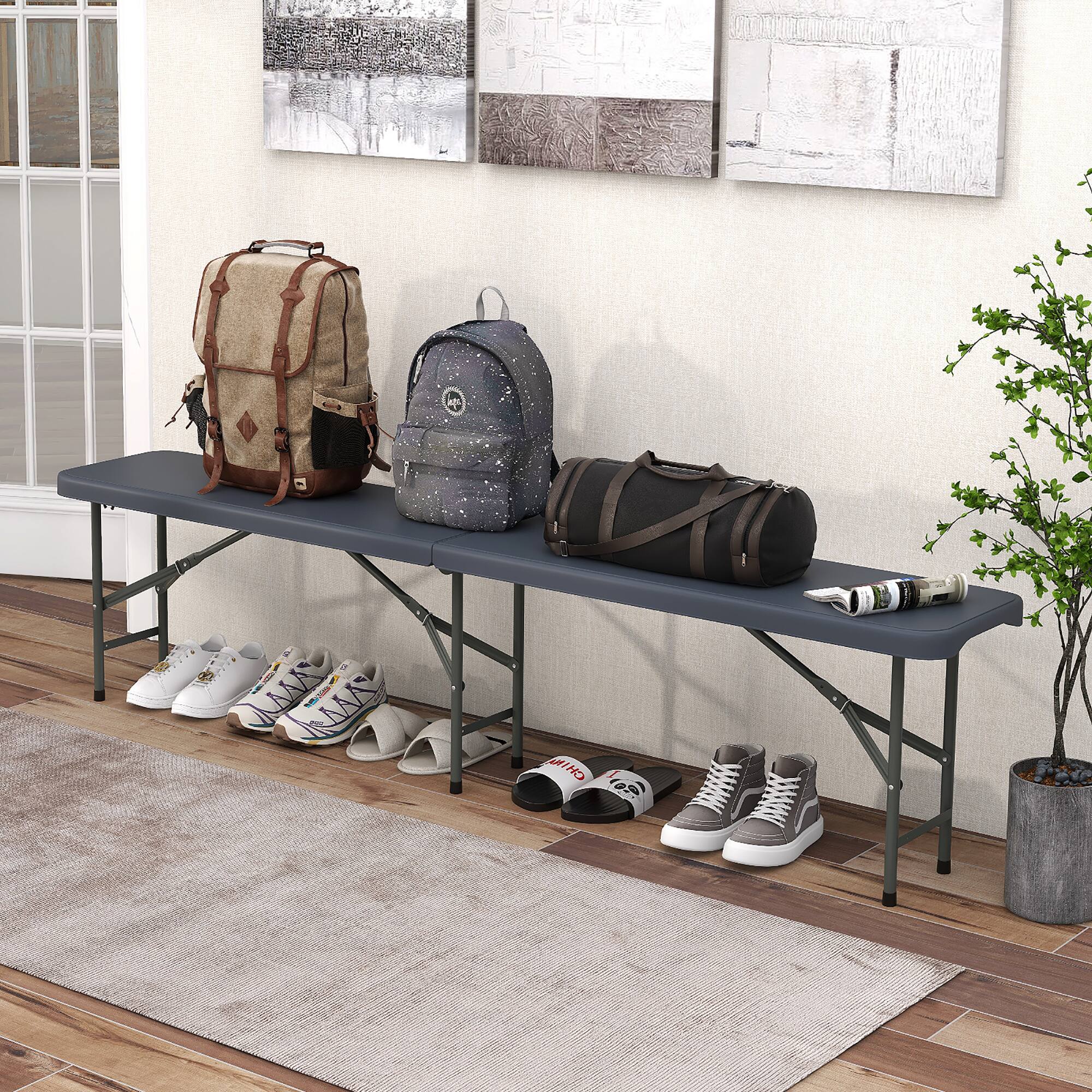 Alt View 3. Gymax - Gymax 2PCS 6 ft Plastic Folding Bench w/ 1320 LBS Capacity Handle & Lock For Outdoor Gray - Gray.