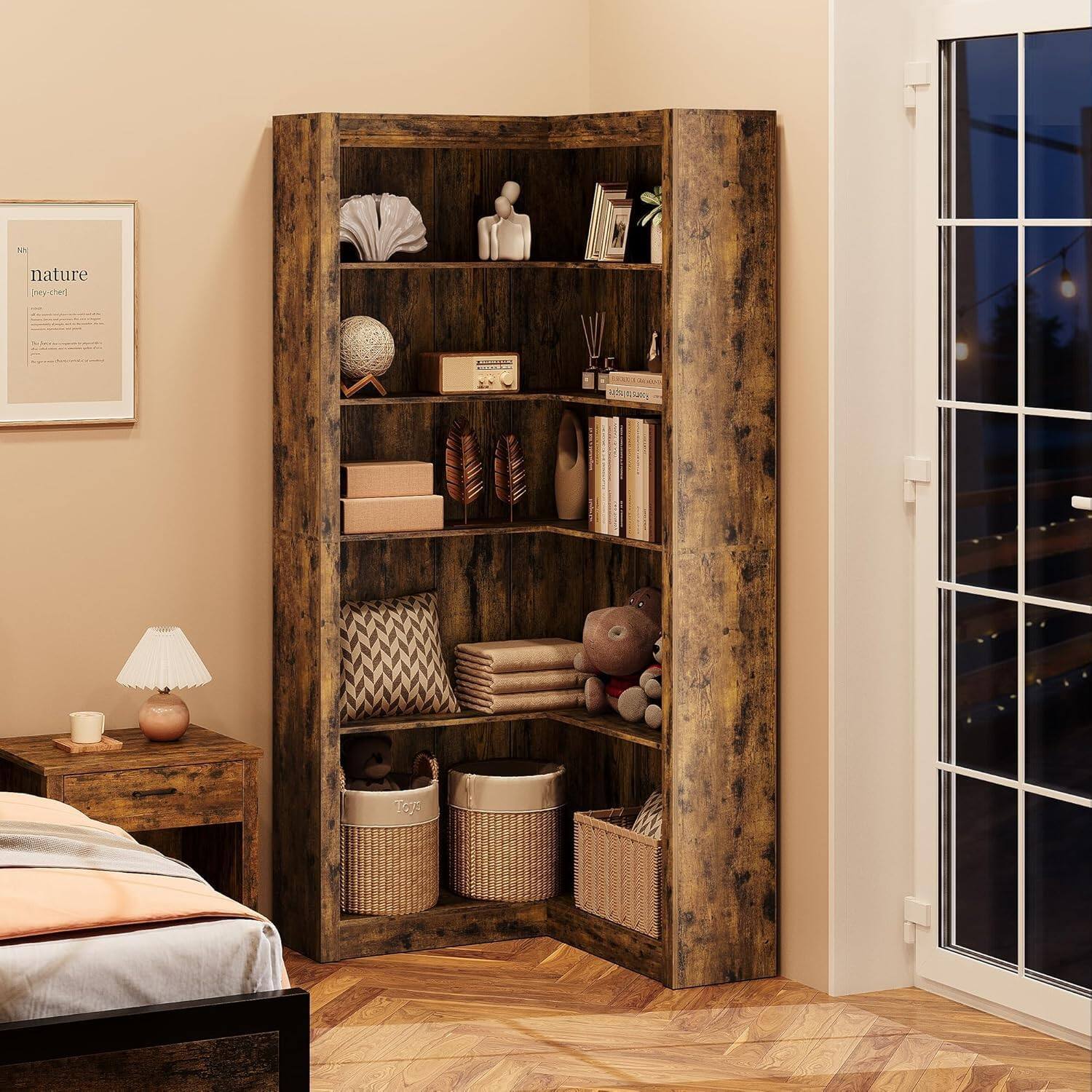 Sure, here is the corrected and grouped text from the image:

**On the Wall:**
- nature
- [may-chef]

**On the Shelf:**
- (Text on the framed item is not fully legible, but it appears to be a menu or list of items)

**On the Books:**
- (Titles are not fully legible, but there are several books on the shelf)

**On the Items:**
- (Various decorative items, but no discernible text)

**On the Baskets:**
- (No visible text)

**On the Nightstand:**
- (No visible text)

**On the Window:**
- (No visible text)

If you need more specific details or corrections, please let me know!