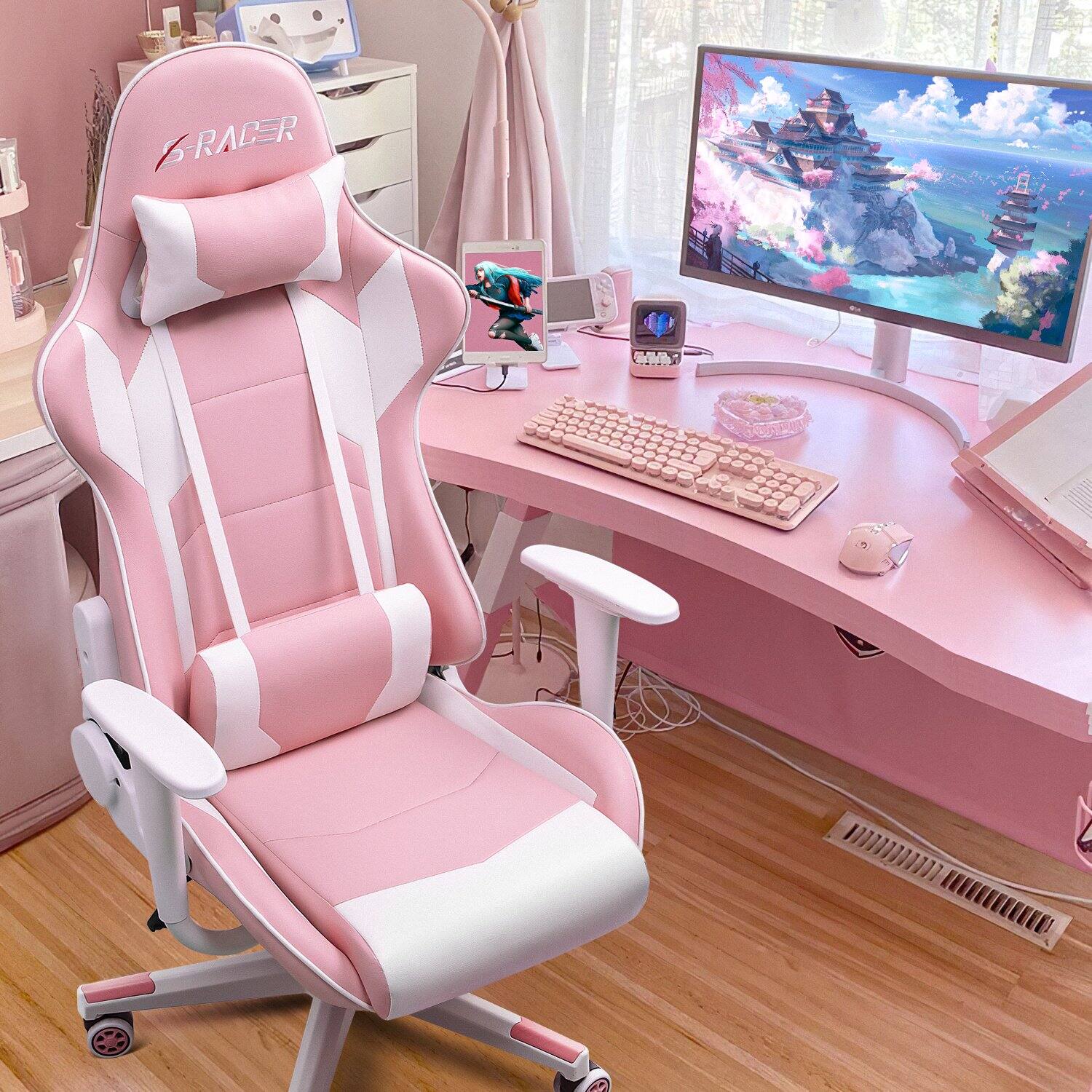 Angle. Homall - Gaming Chair Office Chair Ergonomic Adjustable High Back Computer Chair Desk Chair with Headrest & Lumbar Support - PINK.