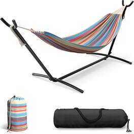 Sorbus - Double Hammock With Steel Stand - Portable Carrying Case Included - Blue sand purple red stripes