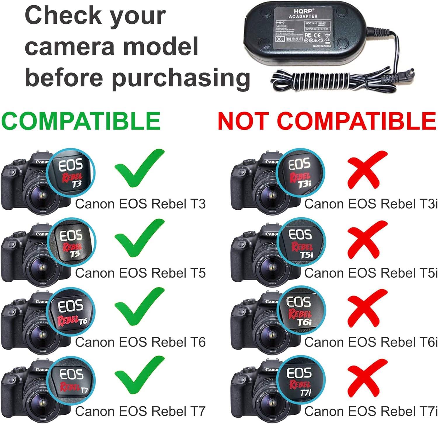Check your camera model before purchasing

COMPATIBLE
- Canon EOS Rebel T3
- Canon EOS Rebel T5
- Canon EOS Rebel T6
- Canon EOS Rebel T7

NOT COMPATIBLE
- Canon EOS Rebel T3i
- Canon EOS Rebel T5i
- Canon EOS Rebel T6i
- Canon EOS Rebel T7i