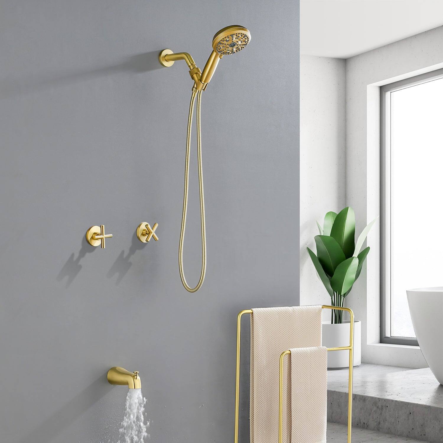 Alt View 4. Boyel Living - Brushed Gold Shower Set with Dual Handles and 10 Function ABS Handheld Shower - Brushed Gold.