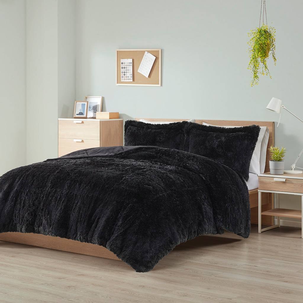 Left. Hivvago - Full/Queen Black Soft Sherpa Faux Fur 3-Piece Comforter Set with Pillow Shams - Black.