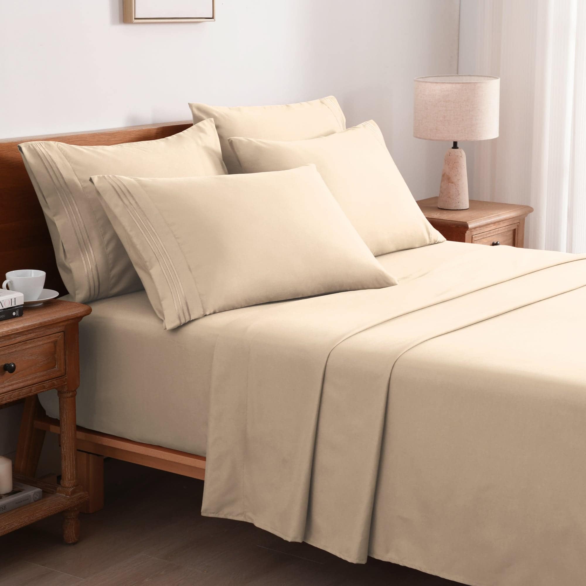 MarCielo - 4/6 Pcs Soft Solid & Embroidery Bed Sheets Set - Beige