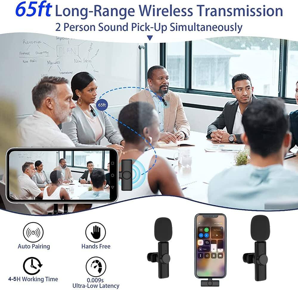 65ft Long-Range Wireless Transmission  
2 Person Sound Pick-Up Simultaneously  

- Auto Pairing  
- Hands Free  
- 4-5H Working Time  
- 0.009s Ultra-Low Latency