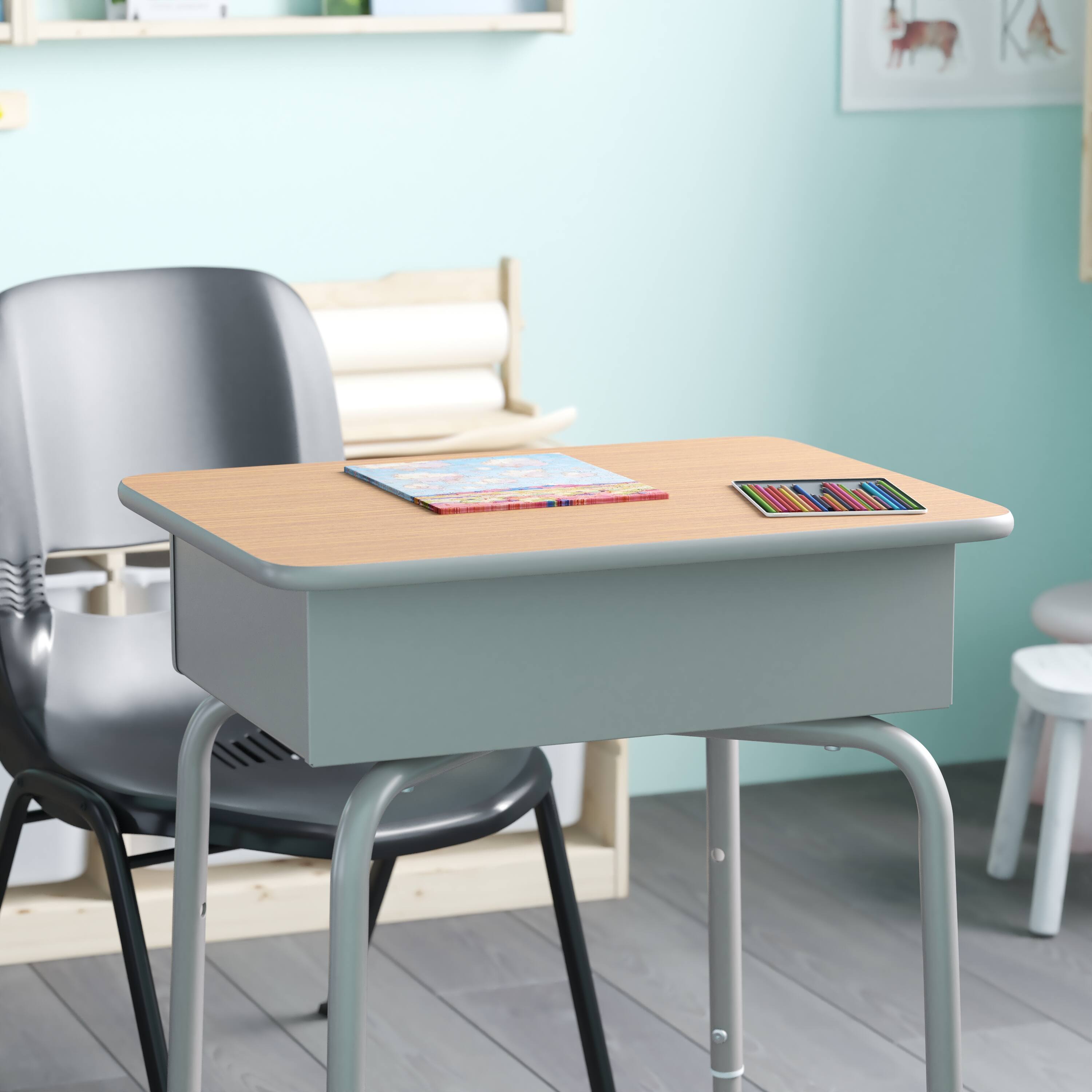 Alt View 3. Emma + Oliver - Student Desk with Open Front Metal Book Box - School Desk - Walnut Top/Silver Frame.