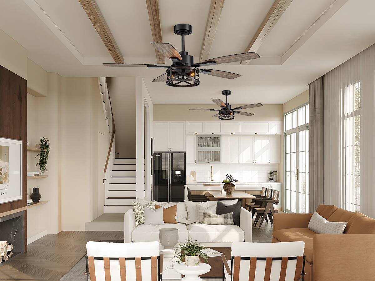 Alt View 2. Siljoy - 52 Inch Black Ceiling Fan with Lights and Remote Farmhouse Cage Ceiling Fan Fits Patio Bedroom Living Room - Gold and Black.