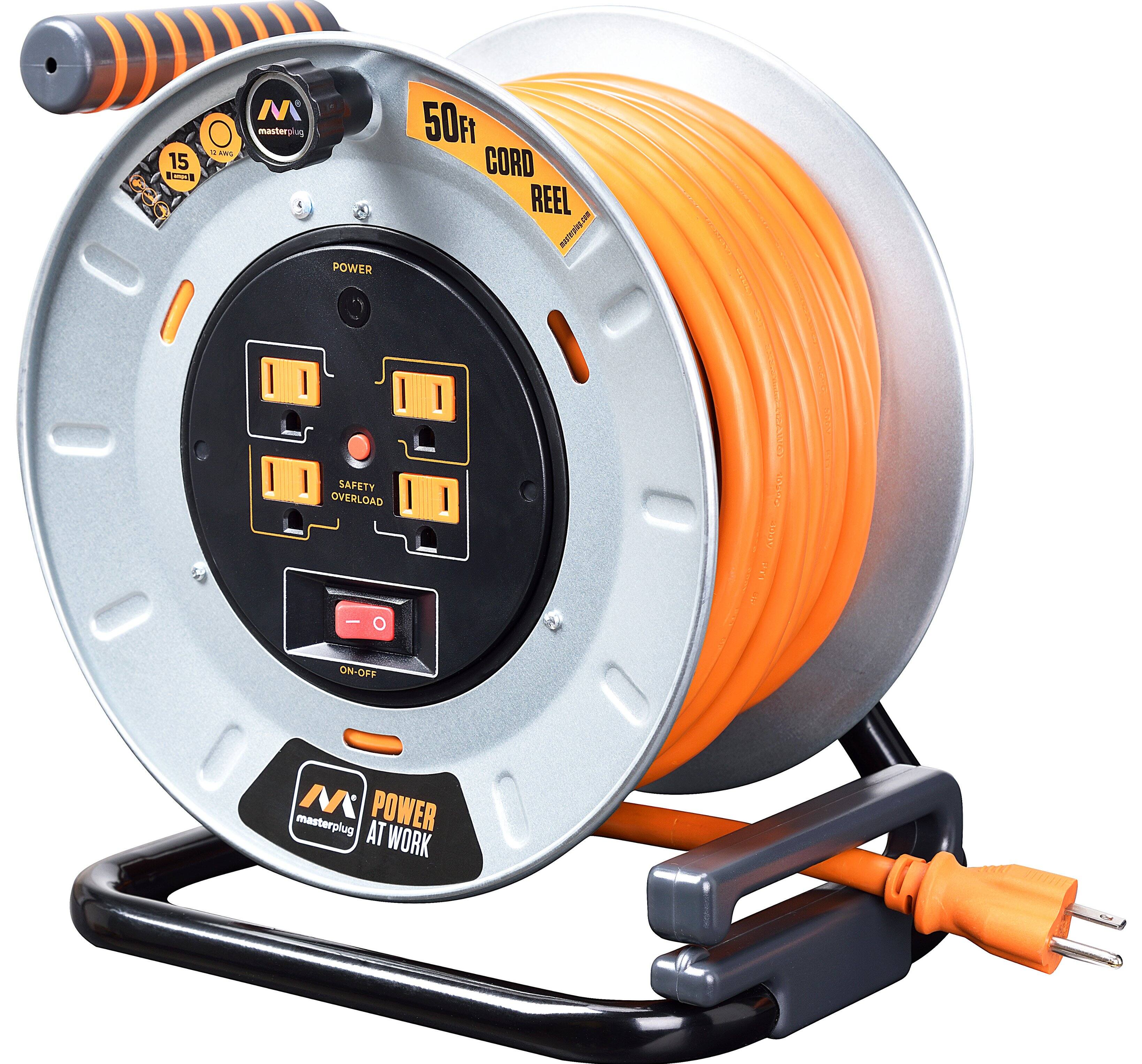 Alt View 11. Masterplug - 50Ft 4 Sockets 15A 12AWG Medium Open Metal Reel - Metal & Orange.