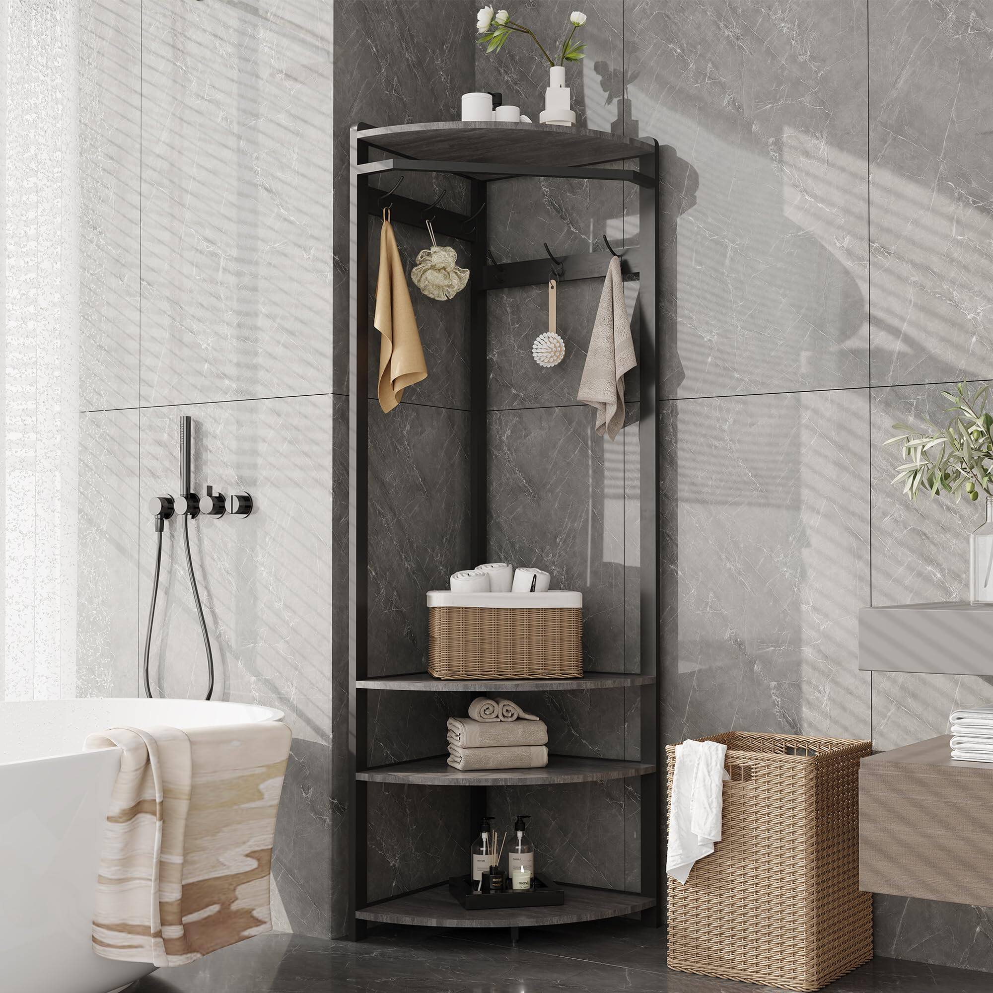 Back. Jojoka - Corner Coat Rack with Shoe Bench, 6 Double Hooks & Storage Shelf, Space-Saving 3-in-1 Corner Hall Tree - Gray.