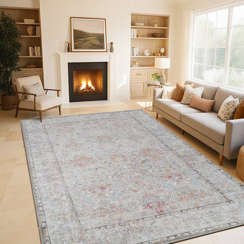 Back. RYHNUYNE - 9x12 Area Rugs Living Room Rug Washable Vintage Boho Rug No Slip Stain Resistant Soft Carpet Indoor Floor Floral Carpets - Painting.