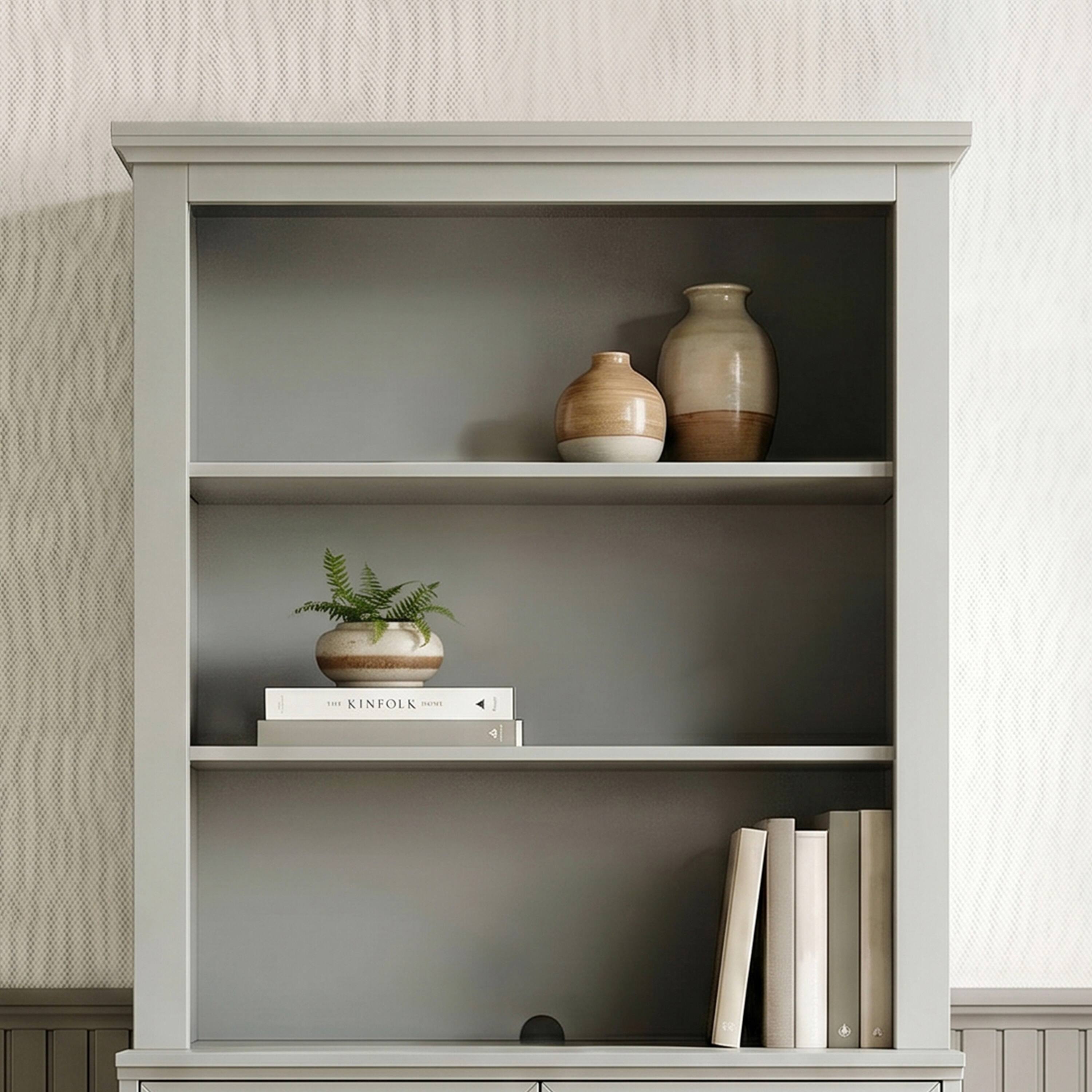 Alt View 1. Martha Stewart - Bedford Modular Wooden Hutch with 2 Fixed Storage Shelves, Solid Wood Frame and Rear Cable Management Opening - Bedford Gray/Brushed Stainless Steel Hardware.