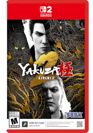 Sure, here is the corrected and grouped text from the image:
---
**Nintendo Switch**
**Yakuza Kiwami II**
**MATURE 17+**
**JEUNES ADULTES 17+**
**M ESRB**
**GAME-KEY CARD**
**CARTE CLÉ DE JEU**
**45 GB Full game download via Internet required.**
**Téléchargement du jeu complet (45 Go) via Internet nécessaire.**
**See back.**
**Voir verso.**
**support.nintendo.com/switch2/gamekeycard**
**SEGA**
--- - M (Mature 17+)