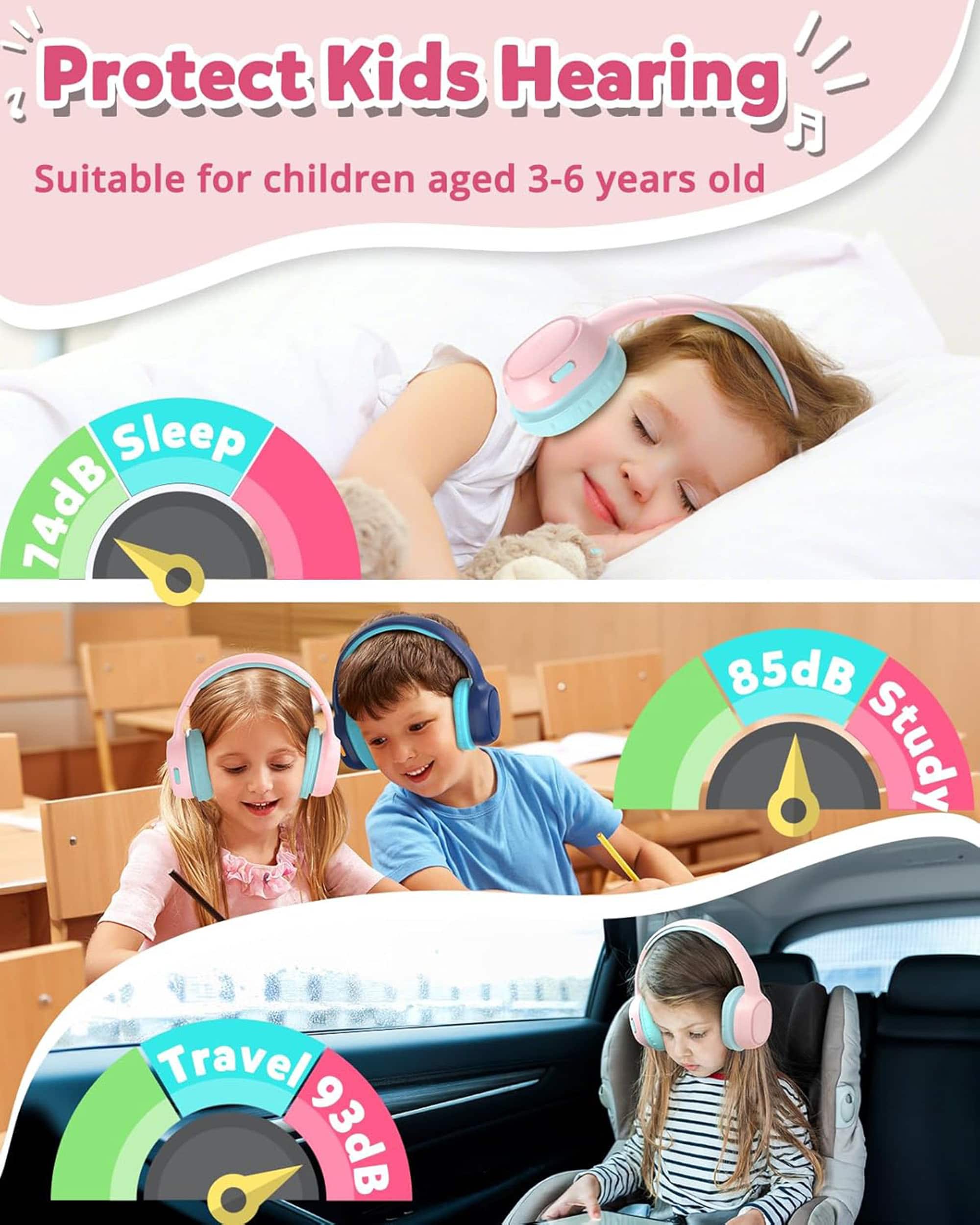 Protect Kids Hearing Suitable for children aged 3-6 years old Sleep 14dB 85dB Study Travel 93dB