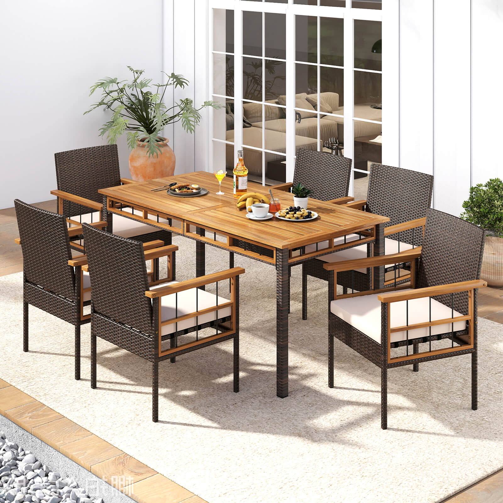 Alt View 1. Costway - Costway 7 PCS PE Wicker Patio Dining Set with 1.97" Umbrella Hole, Cushions for Deck Garden - Mix Brown.