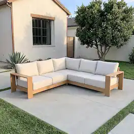 Acanva - Ciela L-Shaped Aluminum Outdoor Patio Sofa - Beige + Oak wood grain