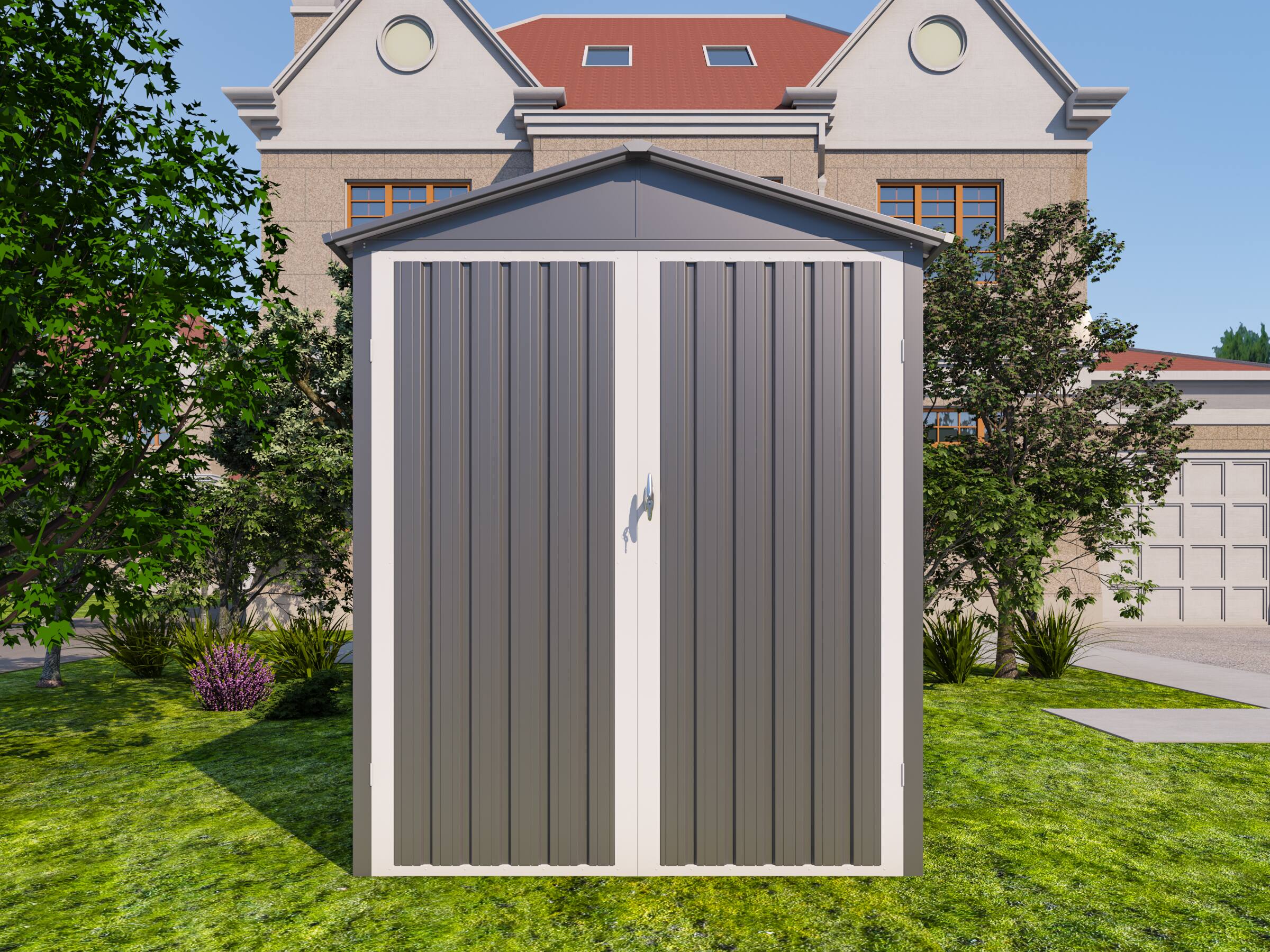 Angle. Anysun - Motorcycle Outdoor Steel Storage Shed with Window & Tracks, Heavy-Duty Secure Storage for Motorcycle, Easy Assembly - Grey+White.