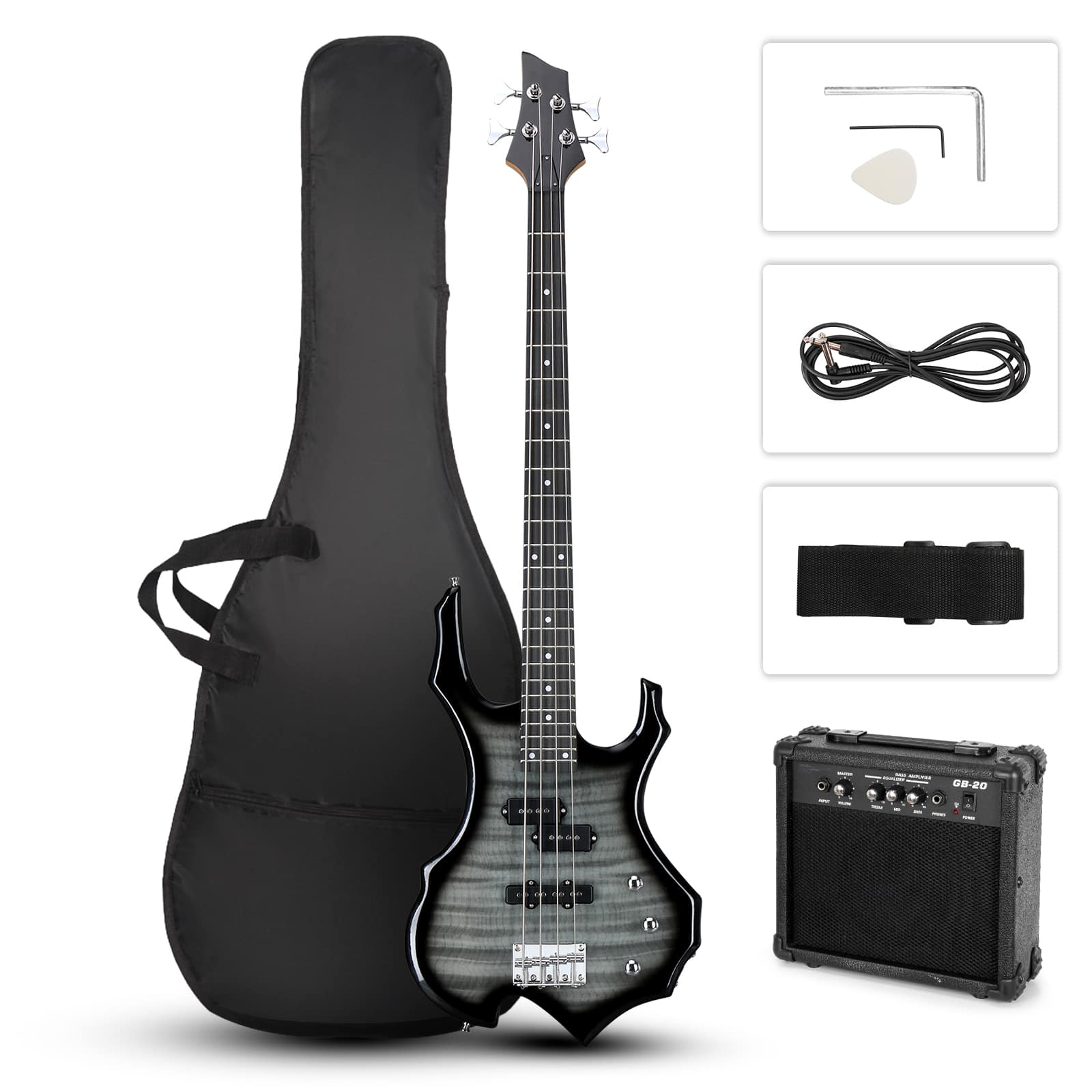 Front. Winado - 46" Full Size  Electric Bass Guitar 15W AMP Beginner Kits School Band 5-Ways Pickup Switch HSH Pickup.