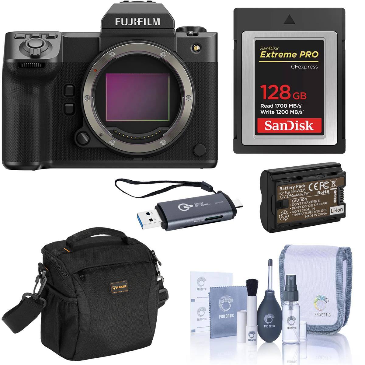 FUJIFILM

SanDisk Extreme PRO
CFexpress
128 GB
Read 1700 MB/s*
Write 1200 MB/s*

SanDisk

GREEN OXTREME.com
CROUM

Battery Pack
CEFC
for Fuji NP-W235
6.2Wh
RoHS
7.24
2250mAh
coco
CAUTION
DISASSEMBLE
FIRE
DONT OF
DONT DISPOSE IN
DONT STORE OVER 60C.
Li-ion
TEMPERATURE
MADE IN CHINA

FSUNCER
31790
FRO 20140

PRO OPTIC
PRO OPTIC
PRO OPTIC
9%