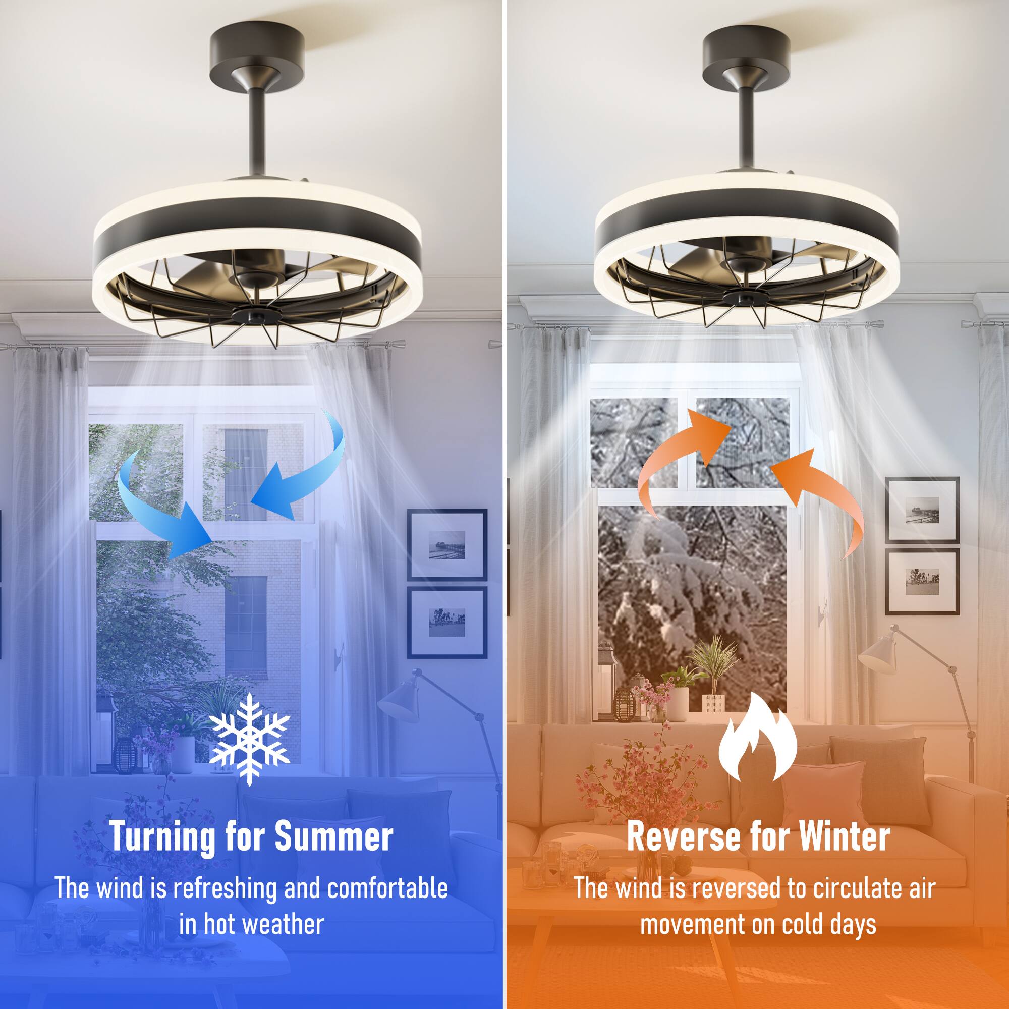**Turning for Summer**  
The wind is refreshing and comfortable in hot weather

**Reverse for Winter**  
The wind is reversed to circulate air movement on cold days