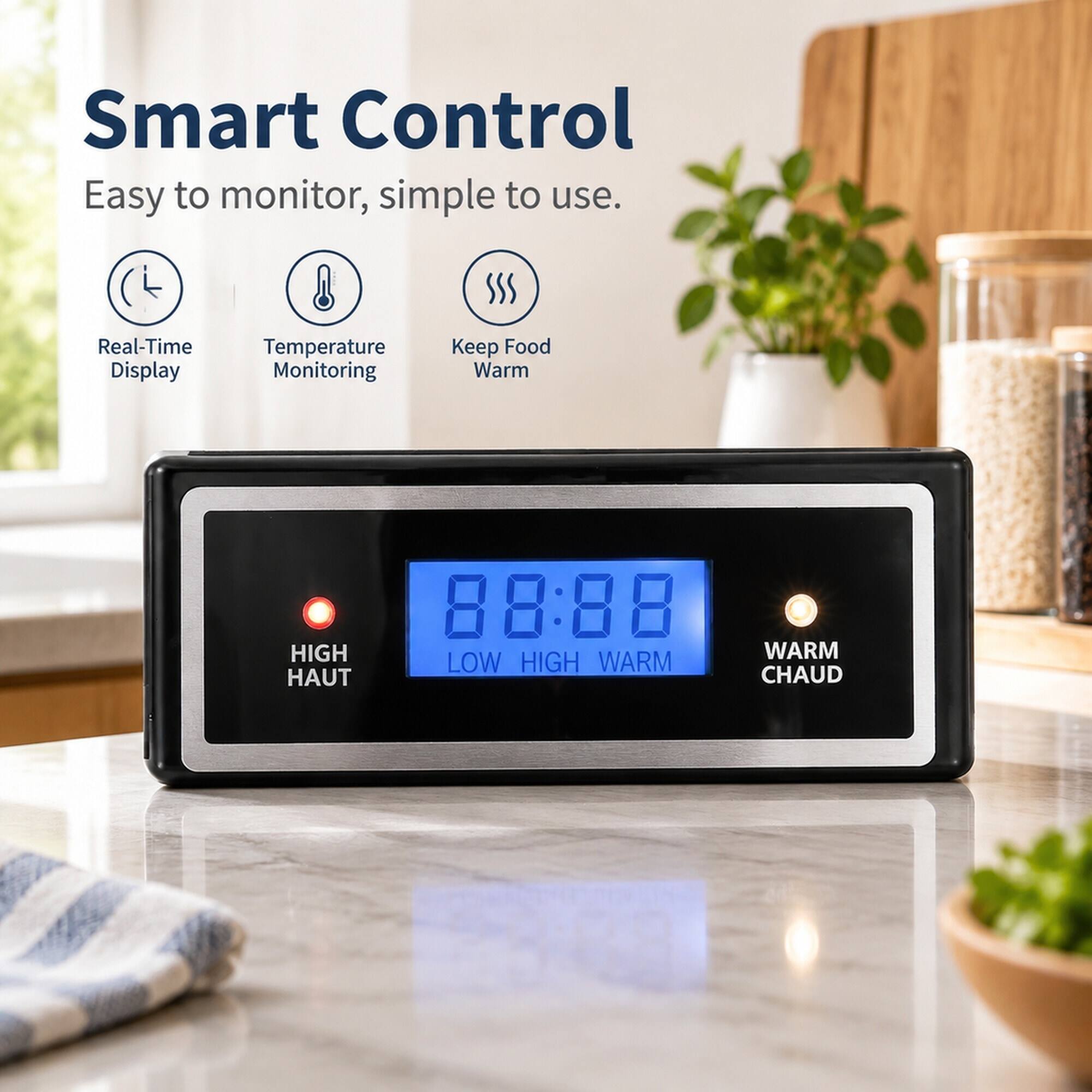 Smart Control  
Easy to monitor, simple to use.  

Real-Time Display  
Temperature Monitoring  
Keep Food Warm  

HIGH HAUT  
88:88 WARM LOW HIGH WARM CHAUD