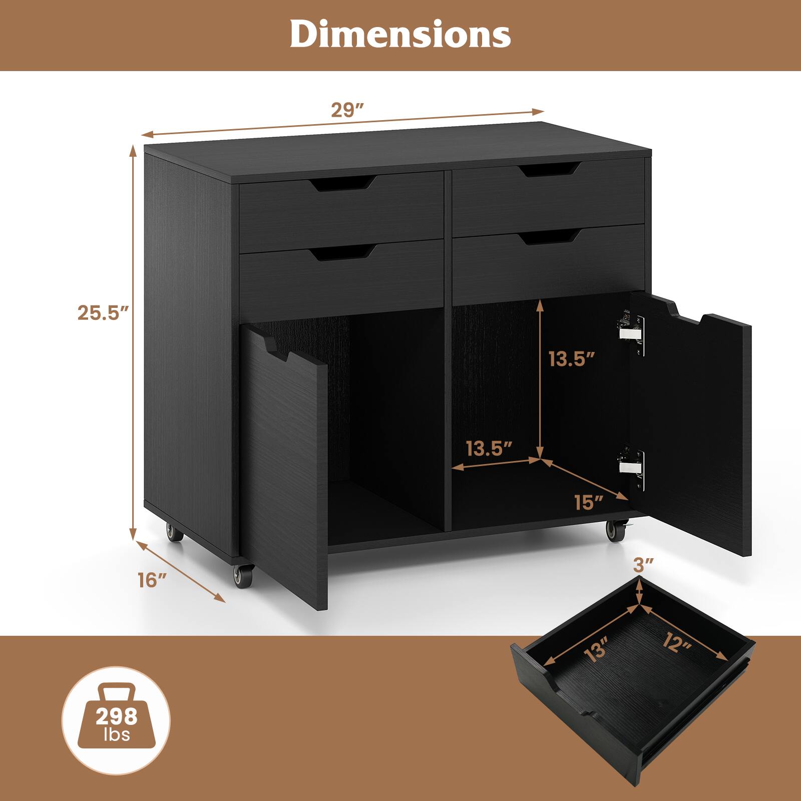 Dimensions: 29" x 25.5" x 13.5" x 13.5" x 15" x 16" x 3" x 13" x 12"  
Weight: 298 lbs