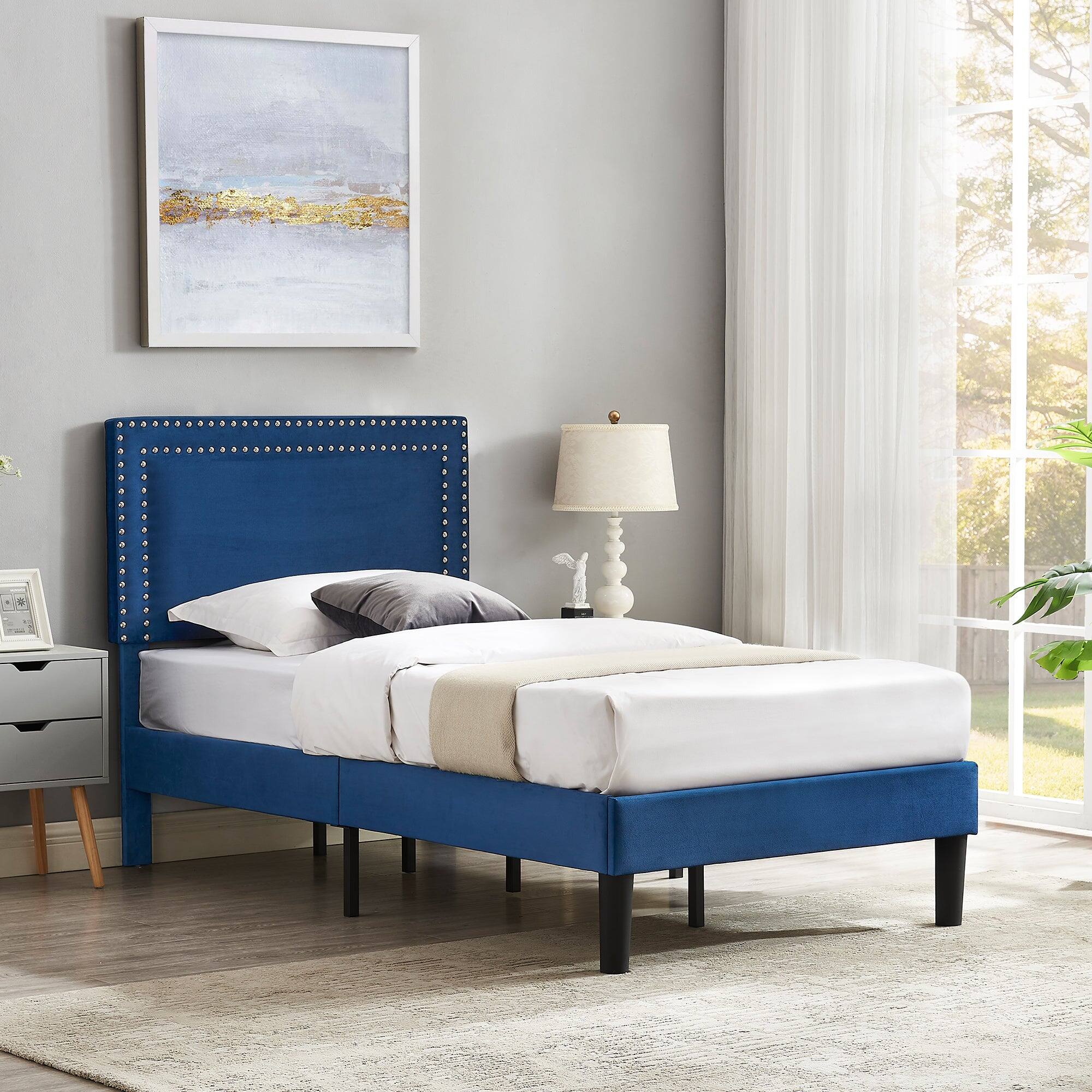 Alt View 2. Vecelo - Twin Size Platform Bed Frame with Adjustable Upholstered Headboard, Strong Wood Slat Support,No Box Spring Needed - Dark Blue.