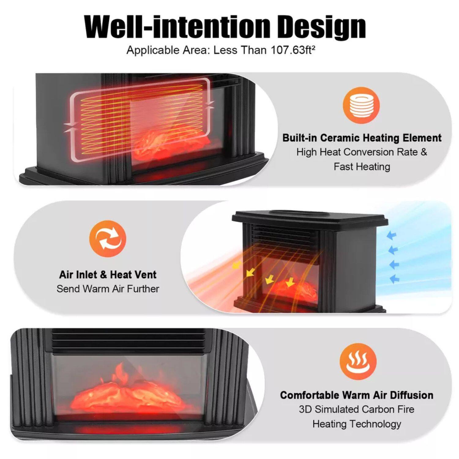 Well-intention Design  
Applicable Area: Less Than 107.63ft²  

Built-in Ceramic Heating Element  
High Heat Conversion Rate & Fast Heating  

Air Inlet & Heat Vent  
Send Warm Air Further  

Comfortable Warm Air Diffusion  
3D Simulated Carbon Fire Heating Technology