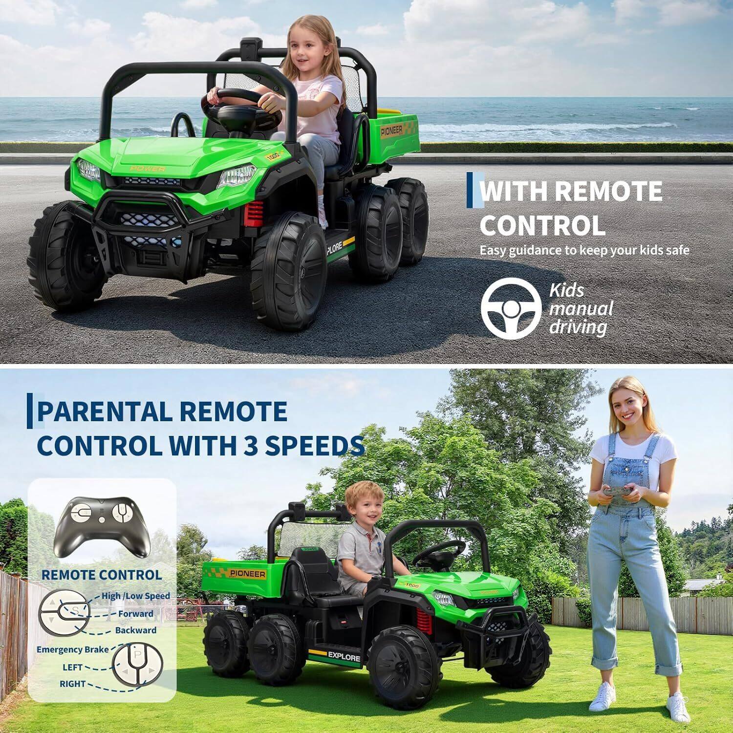 **PICNEER**

**WITH REMOTE CONTROL**  
Easy guidance to keep your kids safe  
Kids manual driving

**PARENTAL REMOTE CONTROL WITH 3 SPEEDS**

**REMOTE CONTROL**  
- High / Low Speed  
- Forward  
- Backward  
- Emergency Brake  
- LEFT  
- RIGHT