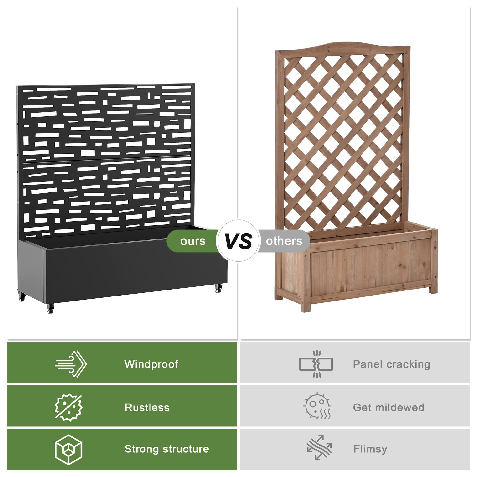 ours vs others

- Windproof
- Rustless
- Strong structure

others

- Panel cracking
- Get mildewed
- Flimsy