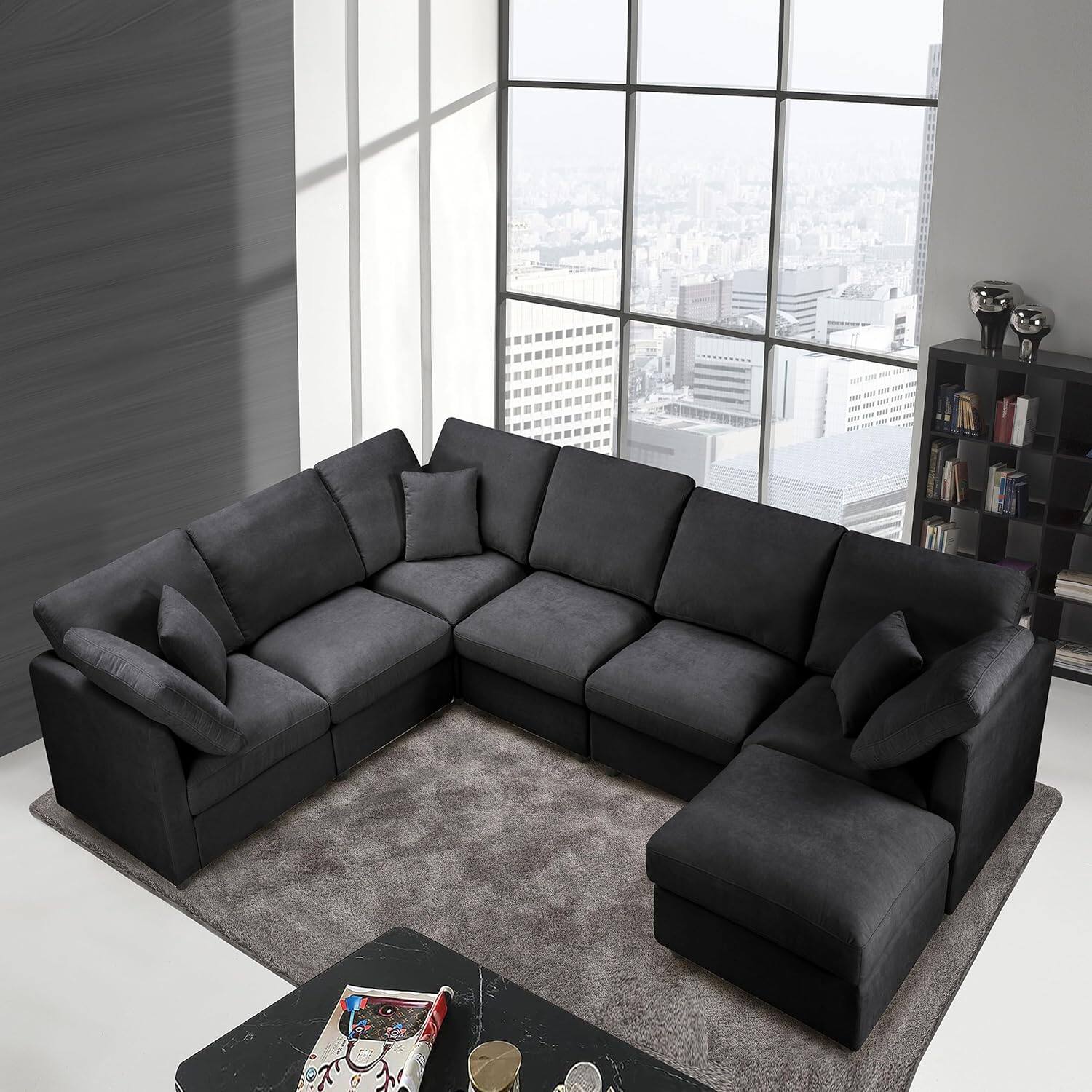 Angle. Yardgrace - 117 Inch Modular Sectional Sofa U Shaped Chenille Couch with Movable Ottoman 7 Seat Cloud for Living Room Office - Black.