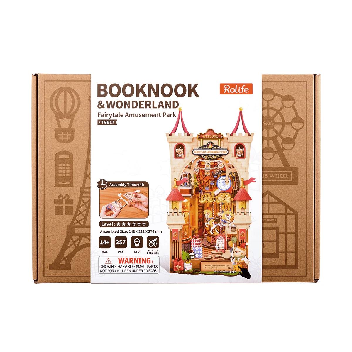 BOOKNOOK & WONDERLAND  
Fairytale Amusement Park  
TGB17  

Rolife  
WELCOME  

Assembly Time: 4h  
Level: ★★★★★  
Assembled Size: 148x211x274 mm  

14+  
257 PCS  
LED  

WARNING: CHOKING HAZARD - SMALL PARTS NOT FOR CHILDREN UNDER 3 YEARS