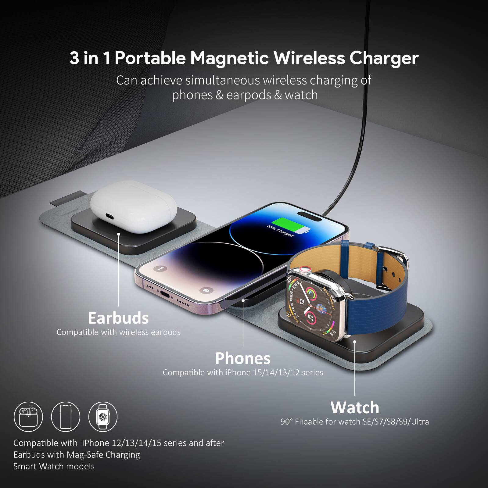 3 in 1 Portable Magnetic Wireless Charger

Can achieve simultaneous wireless charging of phones & earpods & watch

Earbuds
Compatible with wireless earbuds

Phones
Compatible with iPhone 15/14/13/12 series

Watch
90° Flipable for watch SE/S7/S8/S9/Ultra

Compatible with iPhone 12/13/14/15 series and after Earbuds with Mag-Safe Charging Smart Watch models