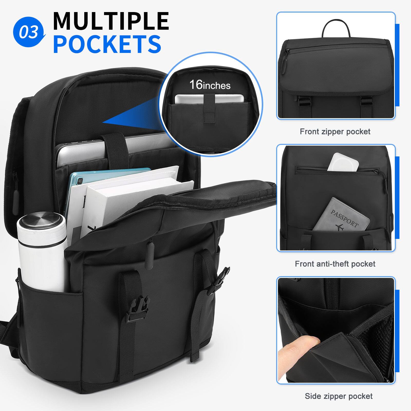 MULTIPLE 03 POCKETS

1. 6 inches
   - Front zipper pocket
   - Front anti-theft pocket
   - Side zipper pocket