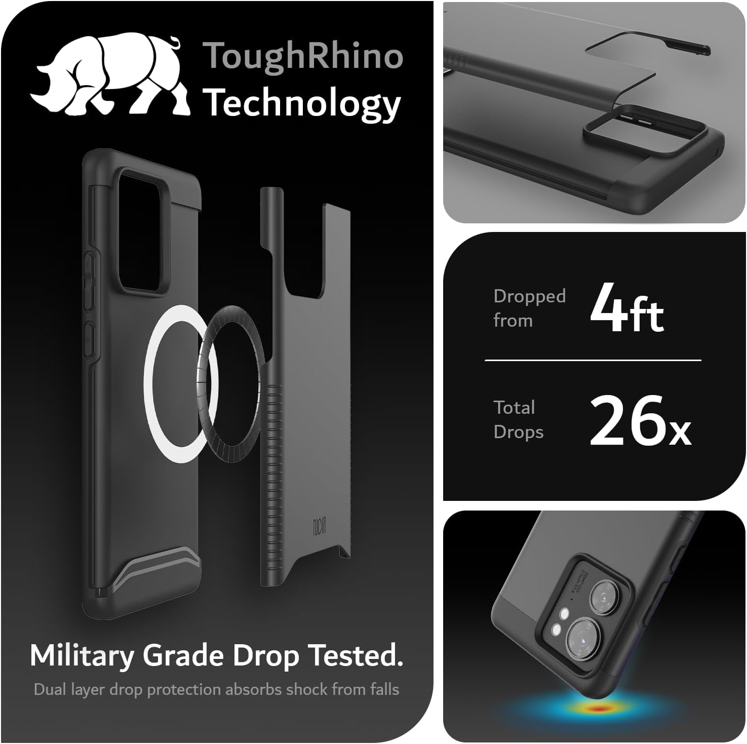 ToughRhino Technology

Dropped from 4ft  
Total Drops 26x

Military Grade Drop Tested.  
Dual layer drop protection absorbs shock from falls