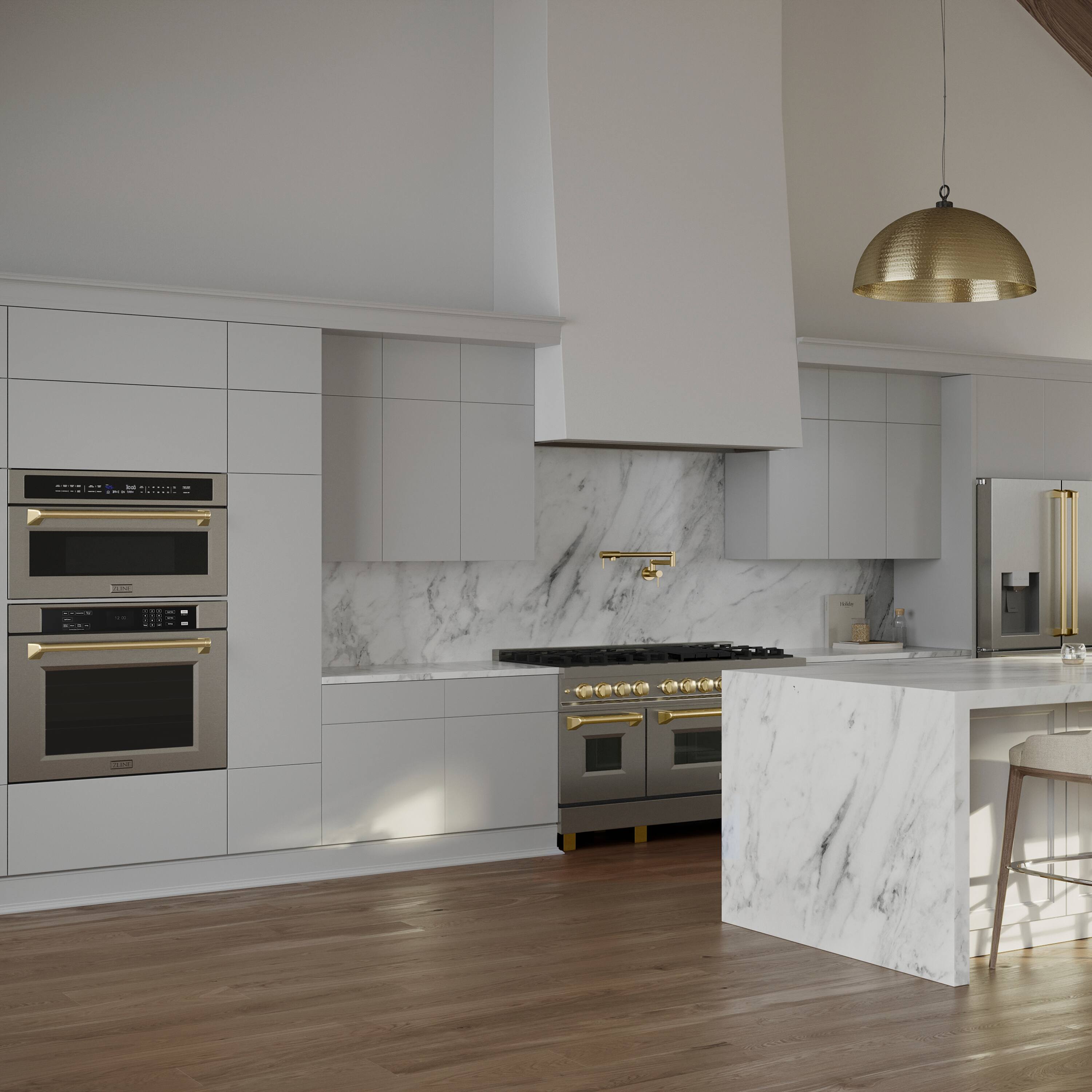 The image shows a large, clean, and modern kitchen with white cabinets and a white island. The kitchen is equipped with a stove, oven, and refrigerator. There is also a sink and a dining table with a chair. The kitchen is well-lit, and the cabinets are white, giving the space a bright and airy feel.