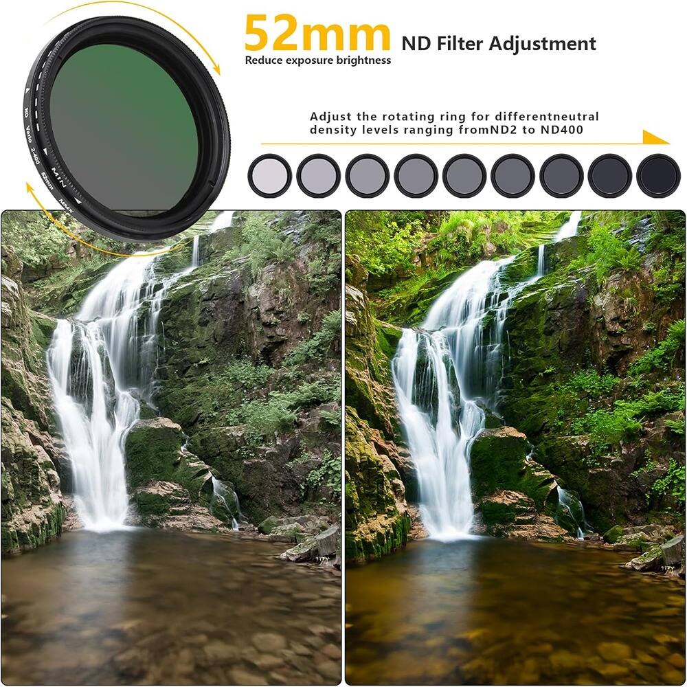 52mm ND Filter Adjustment  
Reduce exposure brightness  

Adjust the rotating ring for different neutral density levels ranging from ND2 to ND400