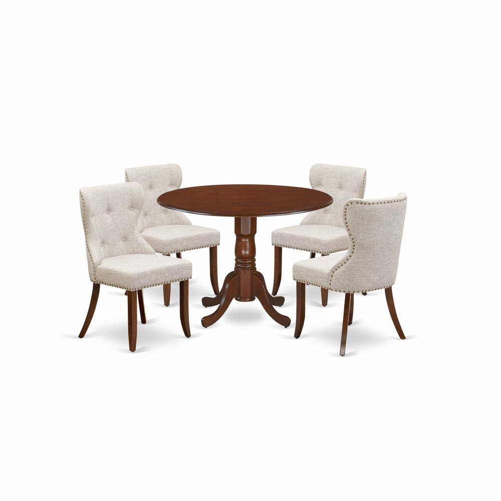 Left. East West Furniture - East-West Furniture DLSI5-MAH-35 - A dining room table set of 4 amazing kitchen chairs using Linen Fabric Doeskin color - Mahogany.