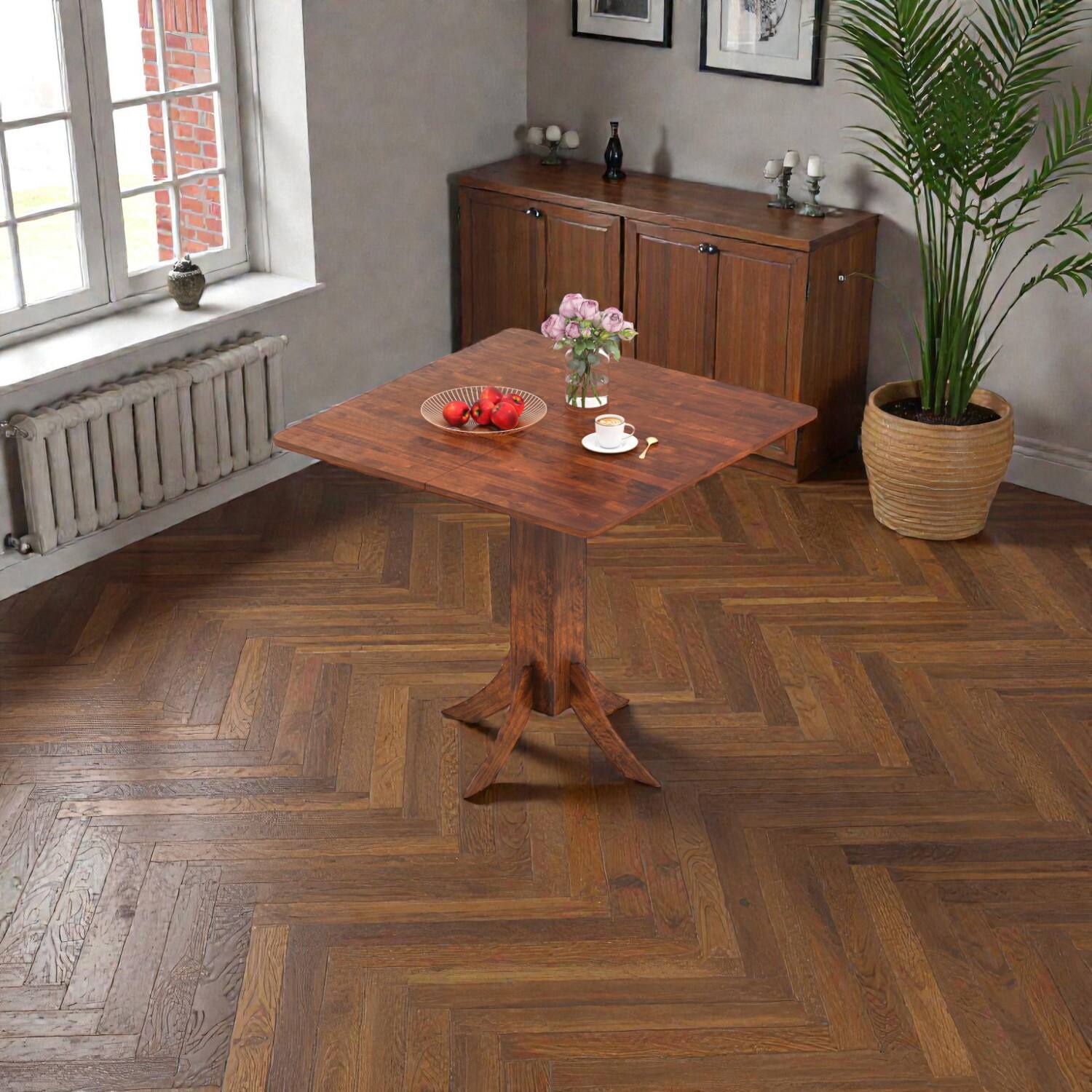 Front. Hivvago - Four-Seater Square Dining Table with Robust Rubberwood Pedestal Design - Walnut.