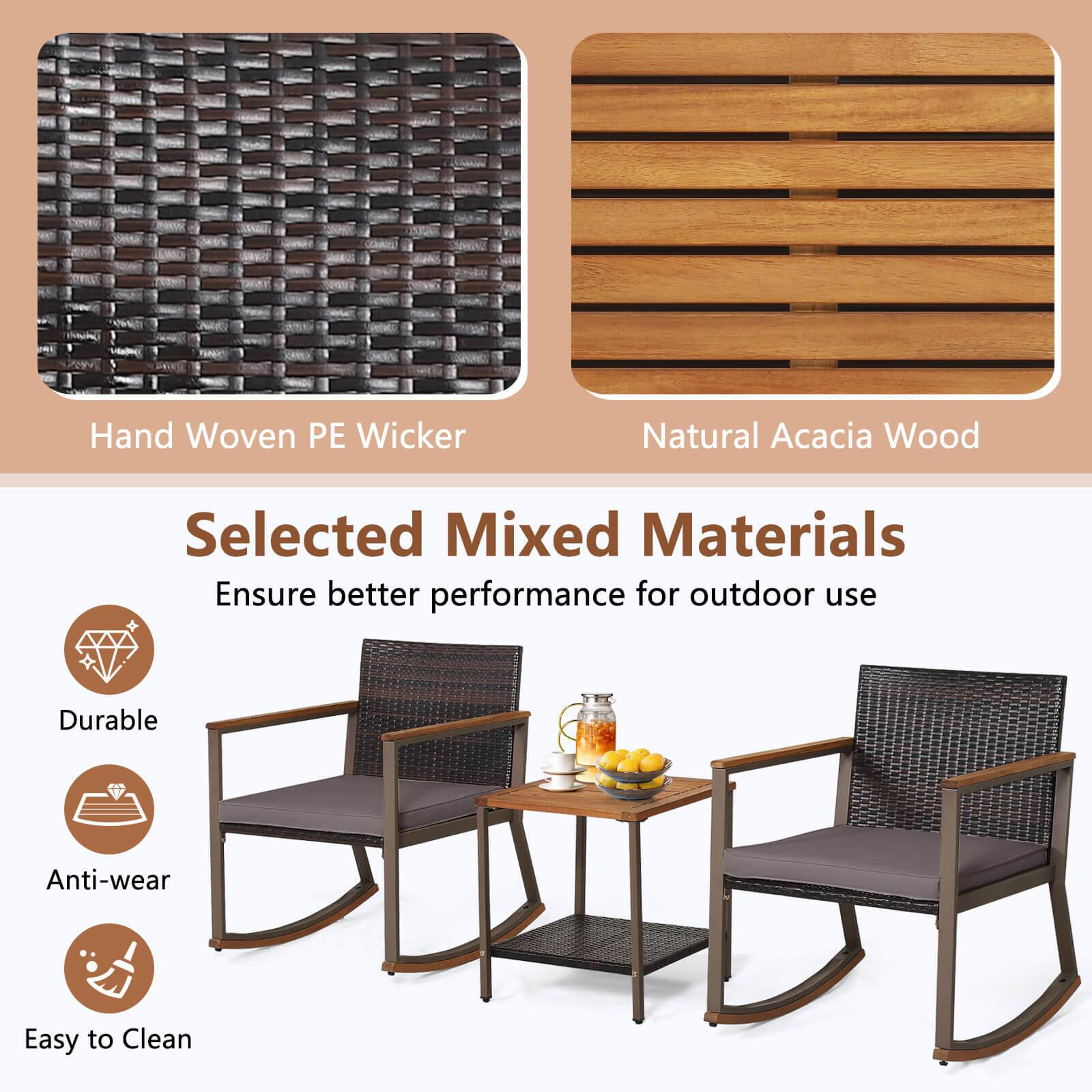 Hand Woven PE Wicker  
Natural Acacia Wood  

Selected Mixed Materials  
Ensure better performance for outdoor use  

Durable  
Anti-wear  
Easy to Clean