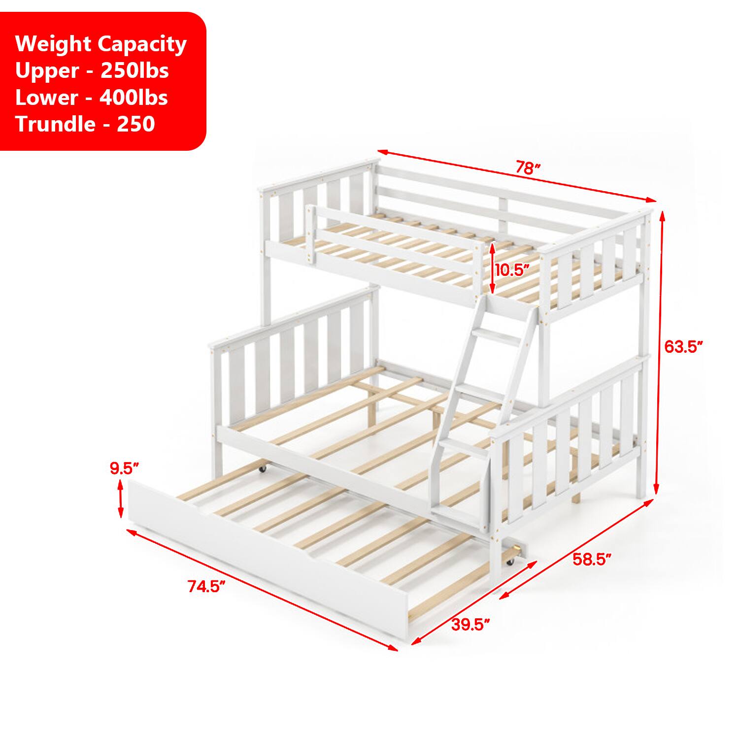 Weight Capacity  
Upper - 250lbs  
Lower - 400lbs  
Trundle - 250  

78"  
10.5"  
63.5"  
9.5"  
74.5"  
58.5"  
39.5"