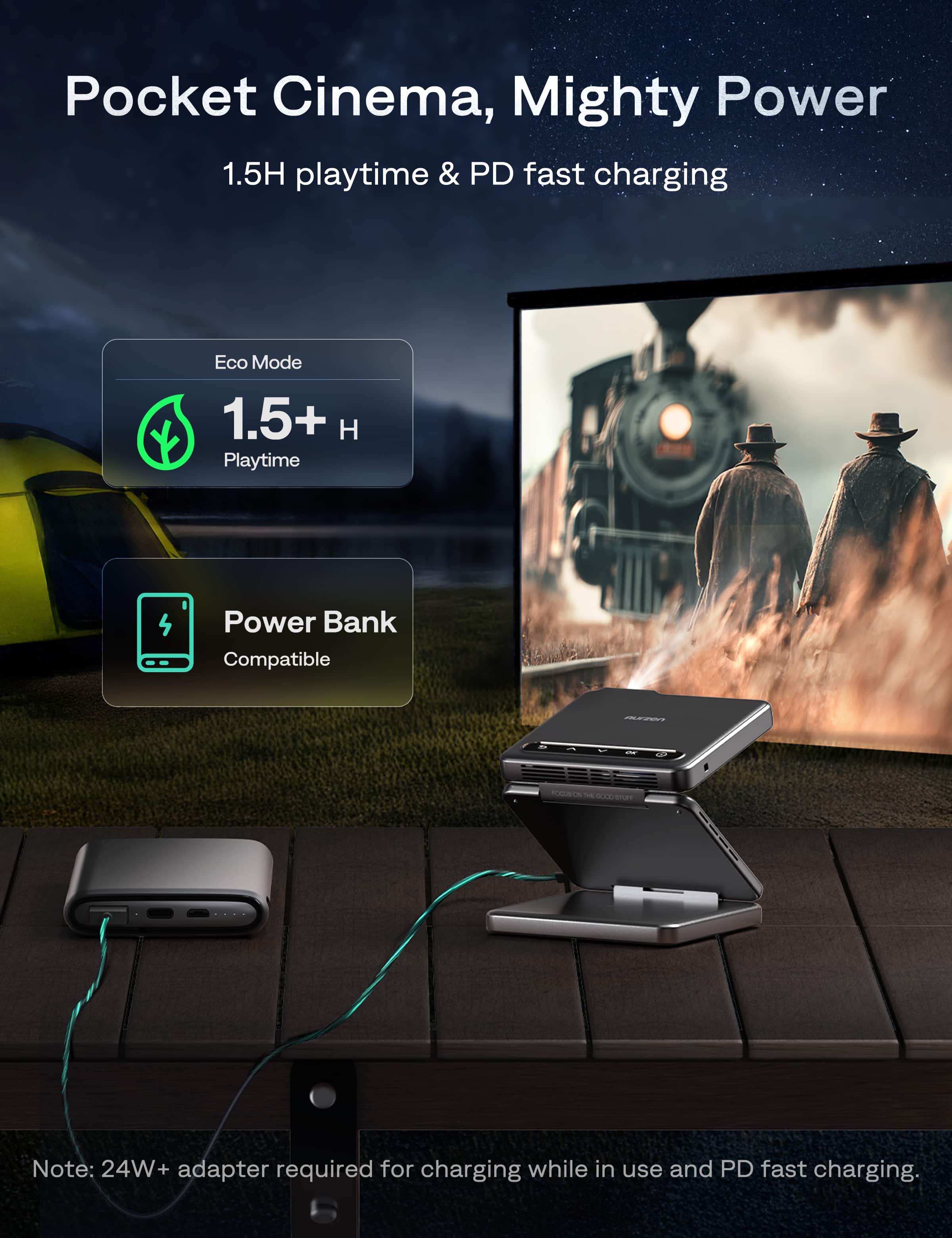 Pocket Cinema, Mighty Power
1.5H playtime & PD fast charging
Eco Mode
1.5+ H Playtime
Power Bank Compatible
Note: 24W+ adapter required for charging while in use and PD fast charging.