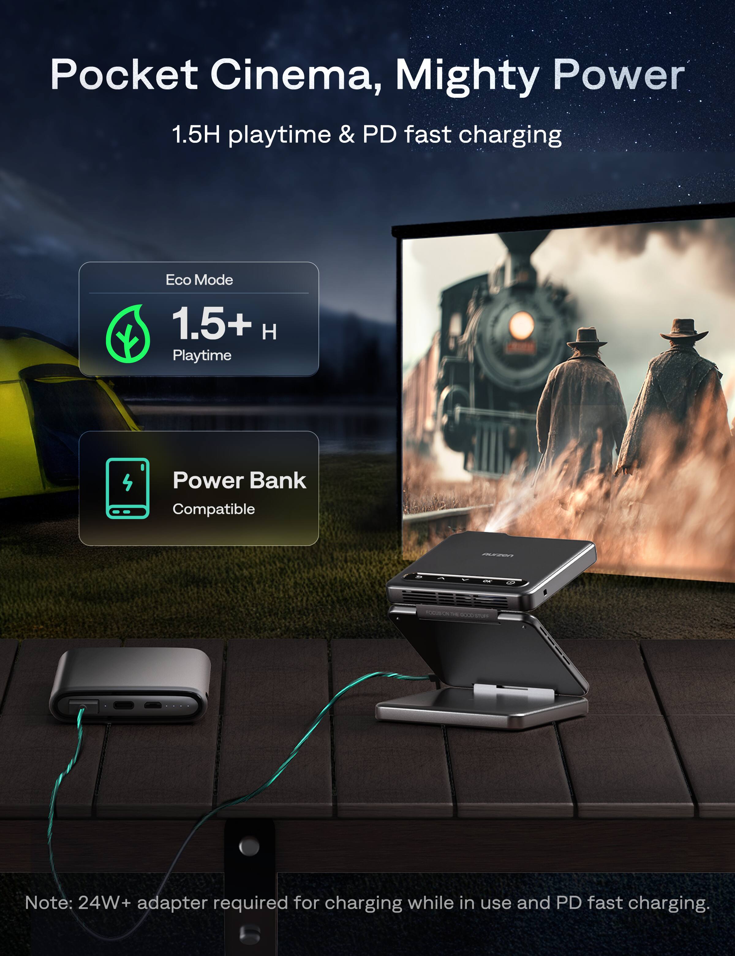 Pocket Cinema, Mighty Power  
1.5H playtime & PD fast charging  

Eco Mode  
1.5+ H Playtime  

Power Bank Compatible  

Note: 24W+ adapter required for charging while in use and PD fast charging.