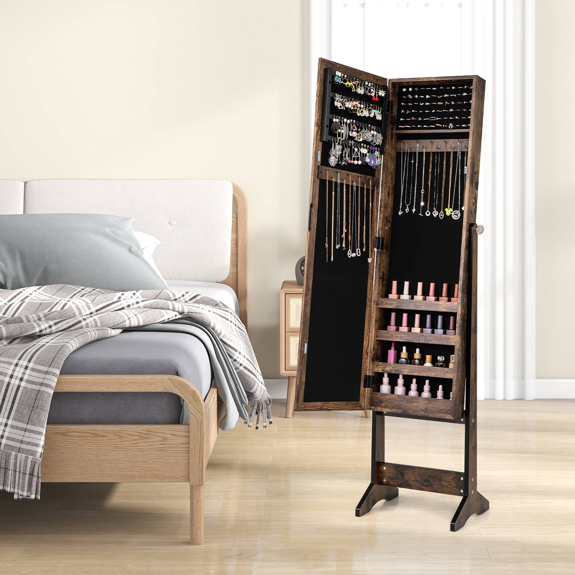 Alt View 1. Gymax - Gymax Jewelry Mirrored Cabinet Armoire Organizer Storage Box w/ Stand Christmas Gift Brown - Brown.