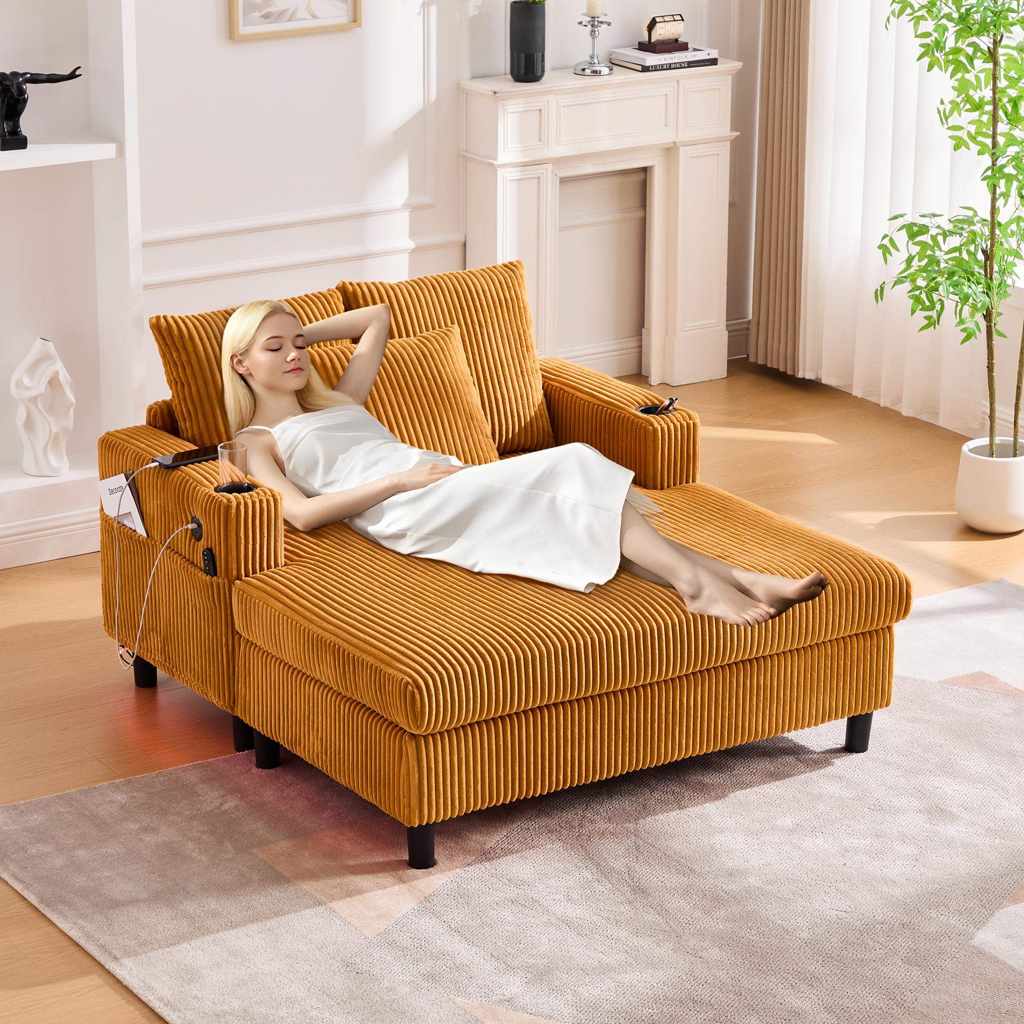 Alt View 1. Roomtec - UNITED WE WIN Modern Corduroy Oversized Recliner Sofa with Deep Seat 3 Pillows USB Charging RGB LED Light Strip Cup - Mustard yellow.