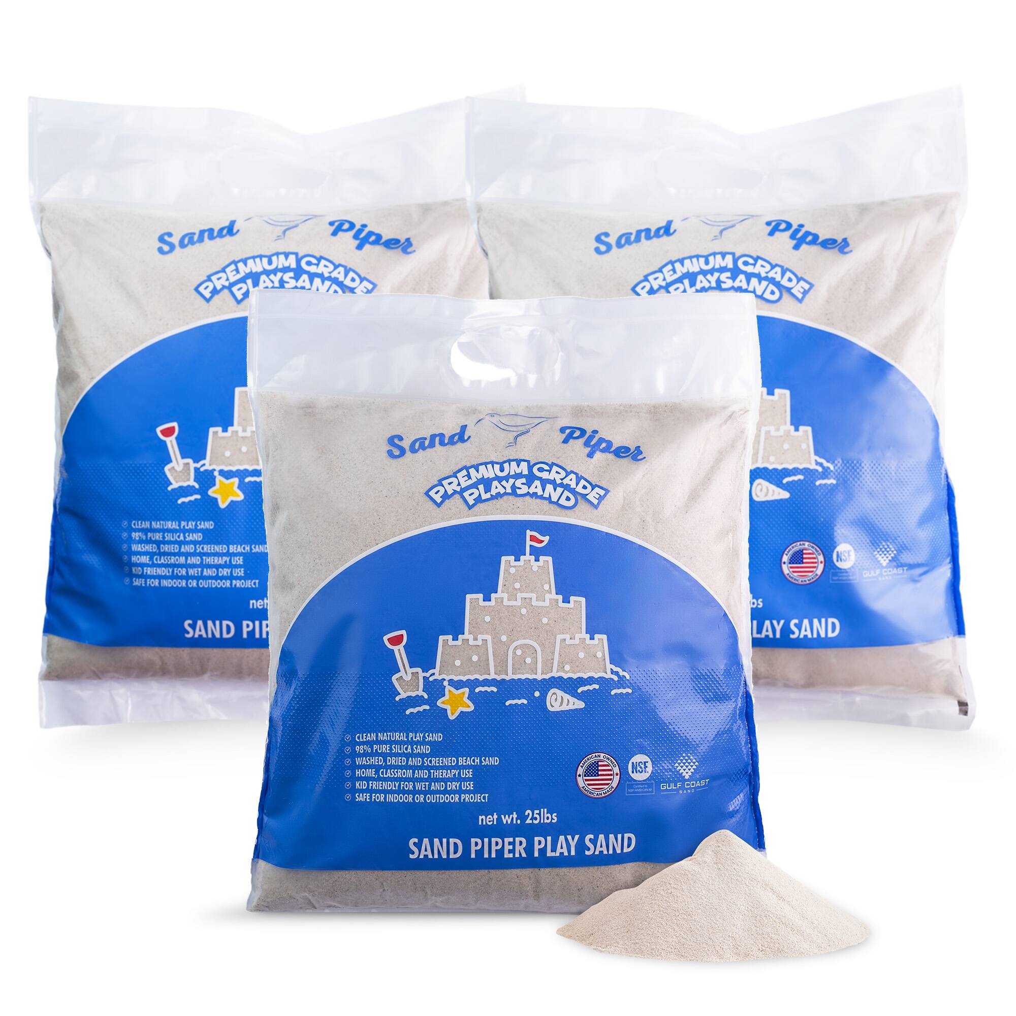 Sand Piper PREMIUM GRADE PLAYSAND

- Clean natural play sand
- 99% pure silica sand
- Washed, dried, and screened beach sand
- Home, classroom, and therapy use
- Kid friendly for wet and dry use
- Safe for indoor or outdoor projects

net wt. 25lbs

Sand Piper PLAY SAND

- Clean natural play sand
- 99% pure silica sand
- Washed, dried, and screened beach sand
- Home, classroom, and therapy use
- Kid friendly for wet and dry use
- Safe for indoor or outdoor projects

net wt. 25lbs
