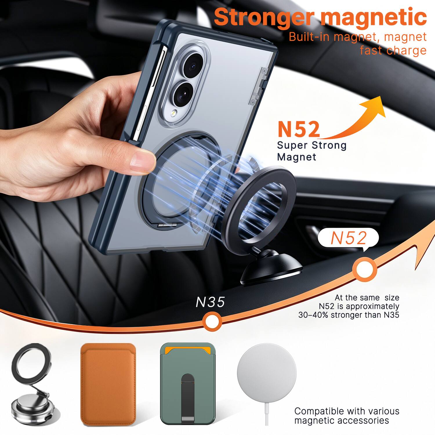 Stronger magnetic  
Built-in magnet, magnet fast charge

N52  
Super Strong Magnet

N52  
At the same size N52 is approximately 30-40% stronger than N35

Compatible with various magnetic accessories
