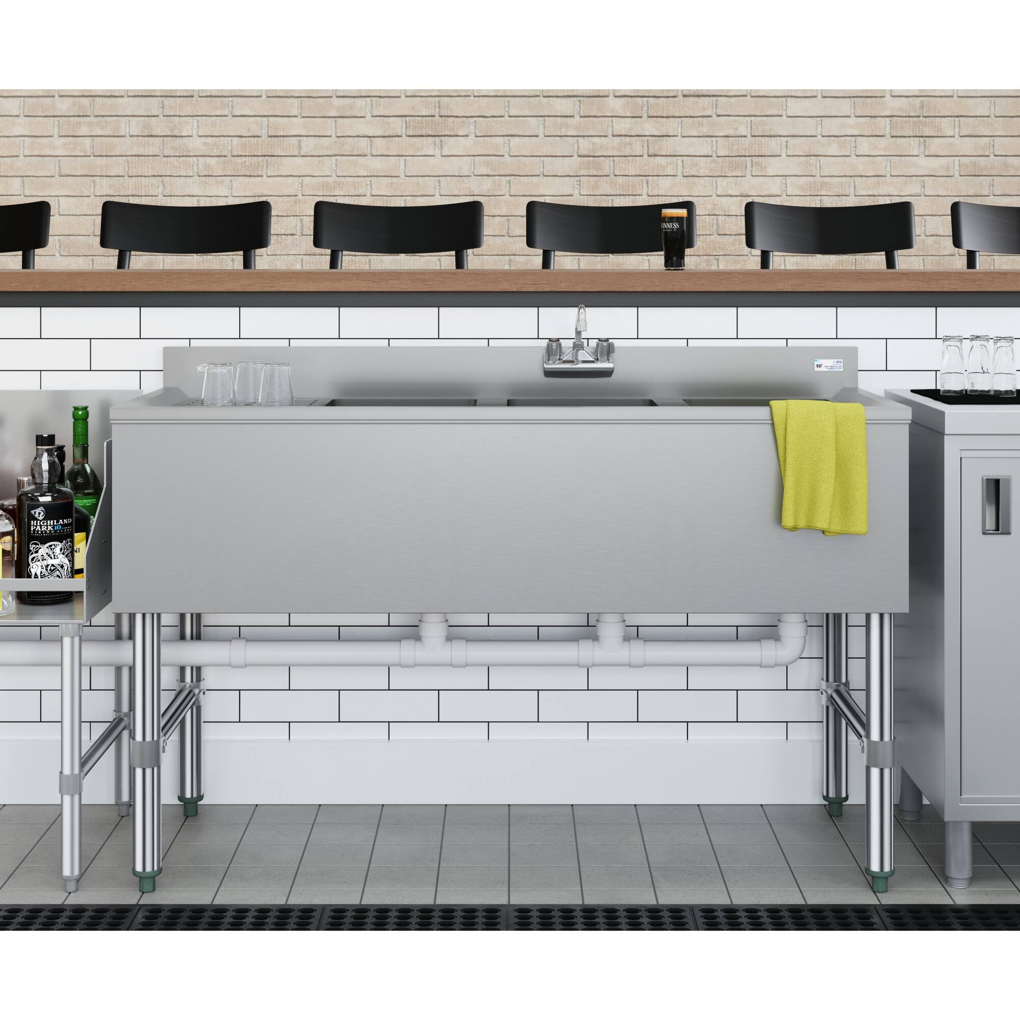 Back. Koolmore - 48 in. Three-Compartment  Under-Bar Sink with 3 in. Backsplash, Left Drainboard and Low Lead Faucet, NSF - Stainless Steel.