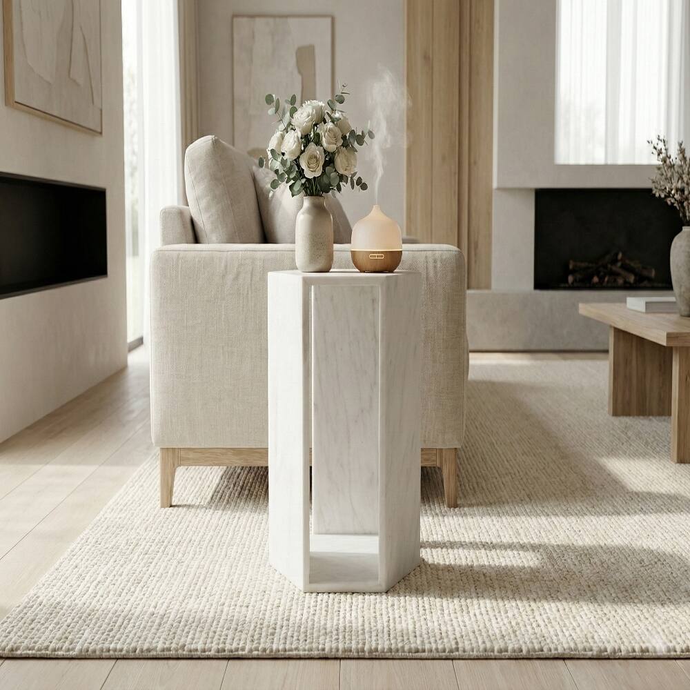 Angle. Loheer - Loheer White Marble Side Table Hexagon Accent Table Stone Pedestal Table Matte Minimalist Drink Table for Living Room - White.