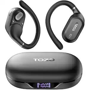 TOZO - AI Translation Open Ear Earbuds - 164 Languages, Adjustable Ear Hooks, Bluetooth Headphones, Comfort for Running, Office - Black